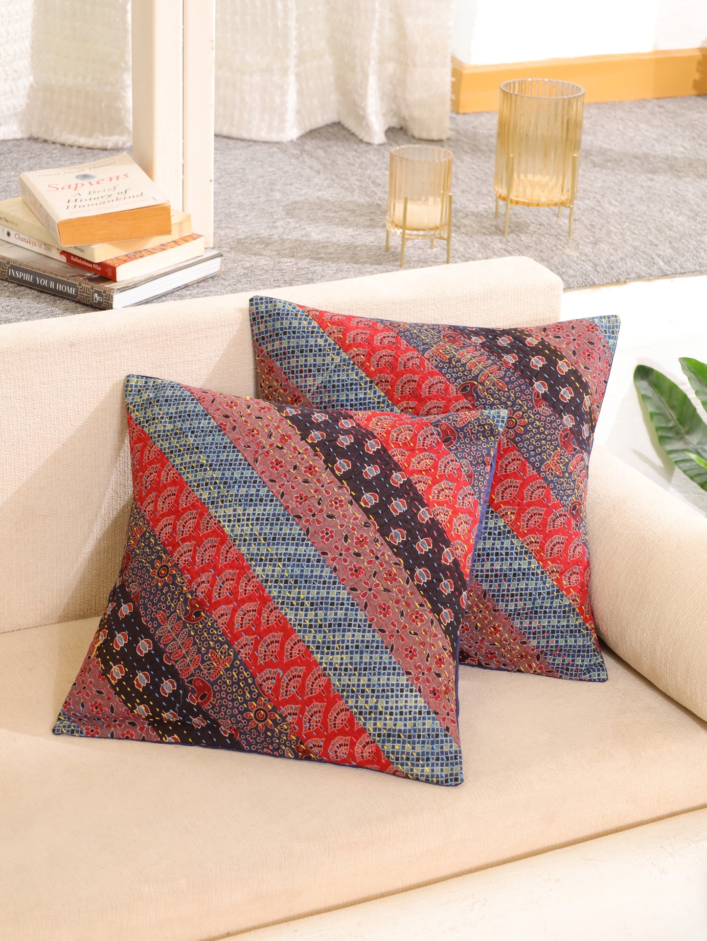 Kantha Bliss Handcrafted Ajrakh Cushion Cover