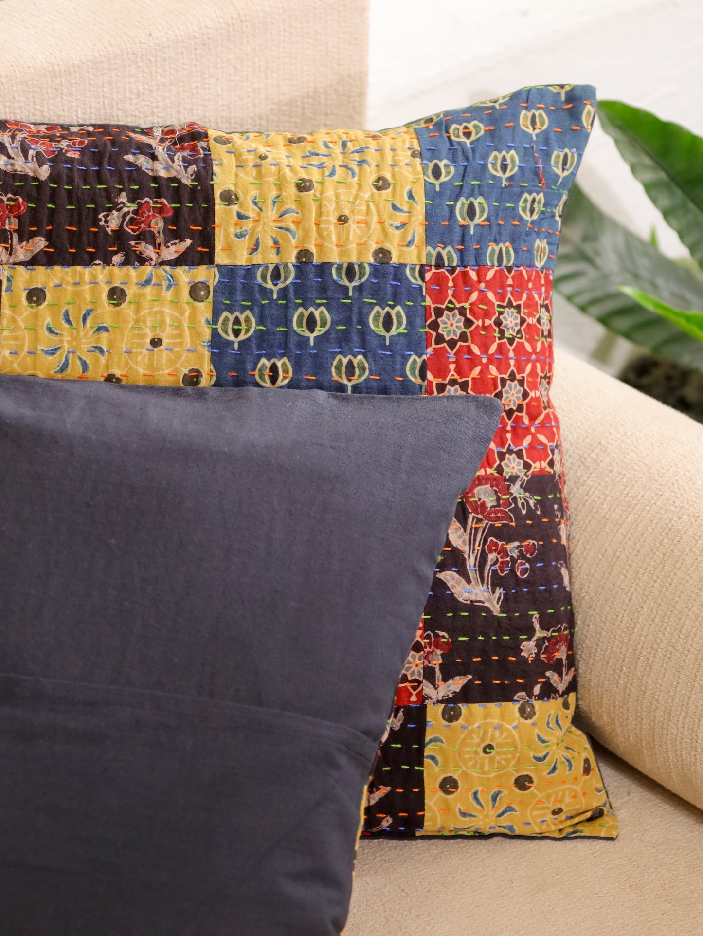 Heritage Squares Kantha & Block Print Cotton Cushion Cover - Set of 2