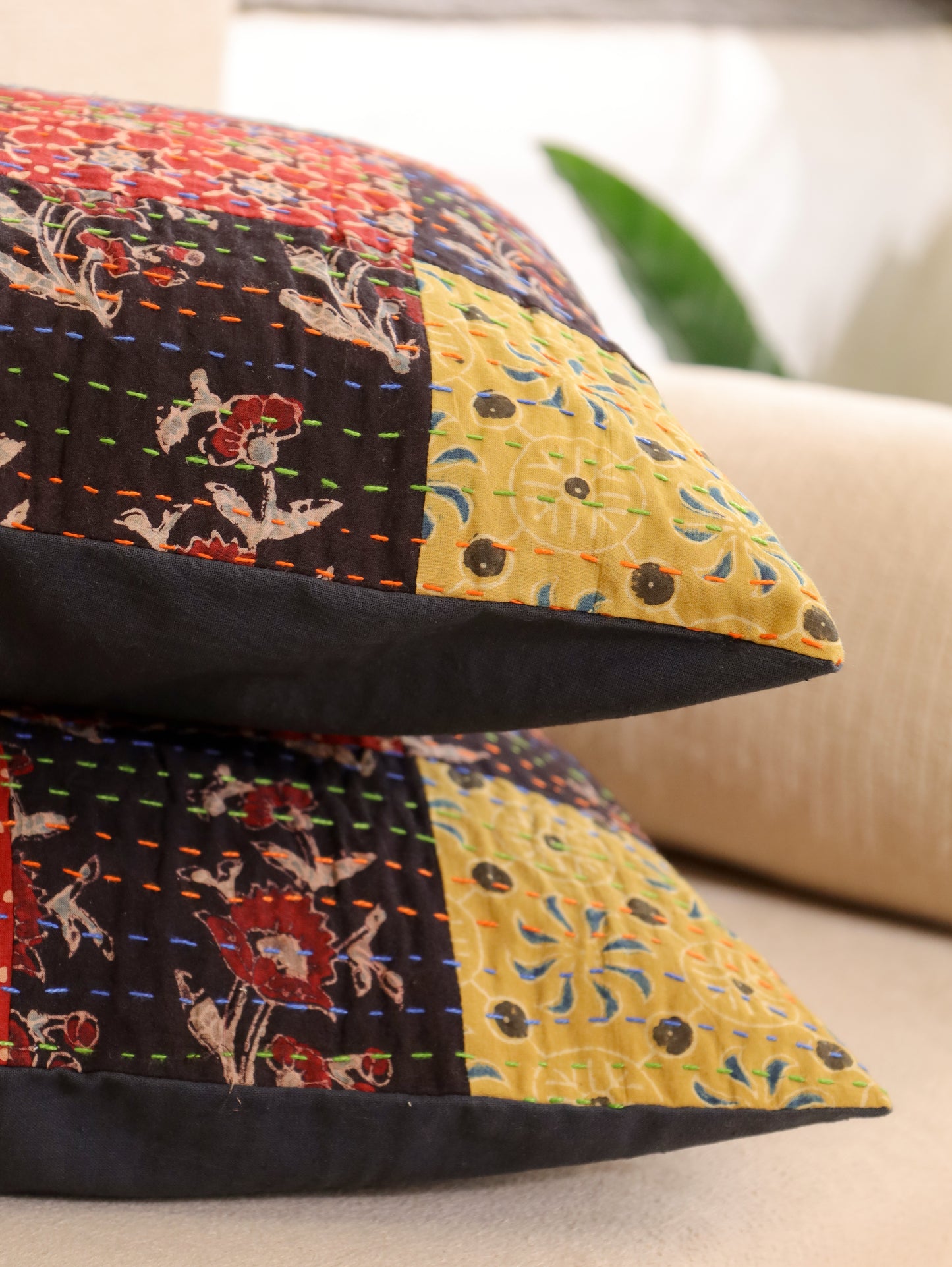 Heritage Squares Kantha & Block Print Cotton Cushion Cover - Set of 2