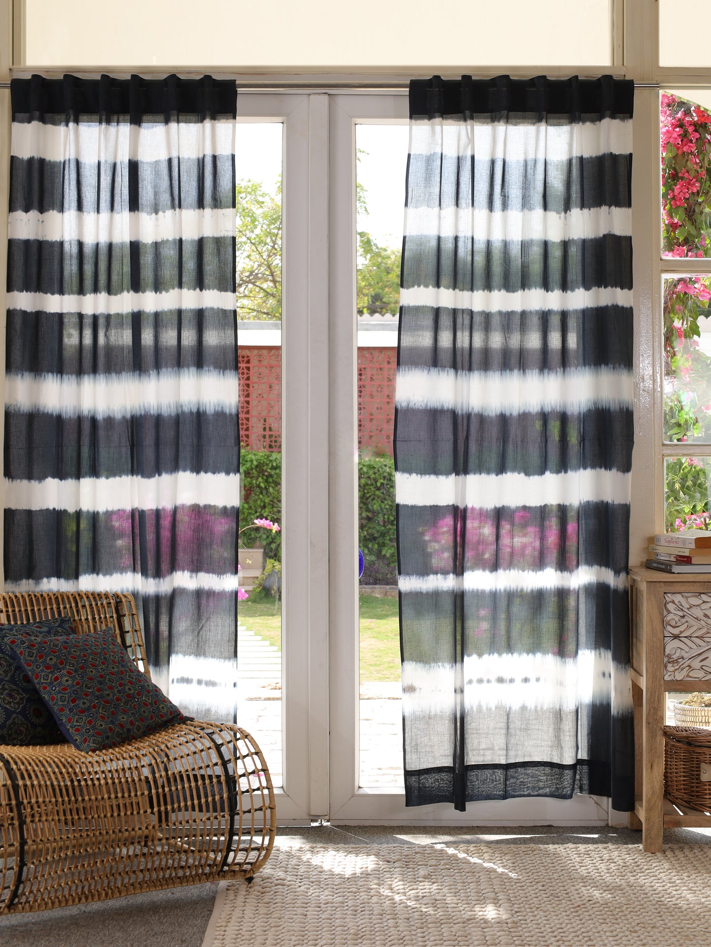 Inky Streak Hand Dyed Shibori Cotton Curtains - Set of 2