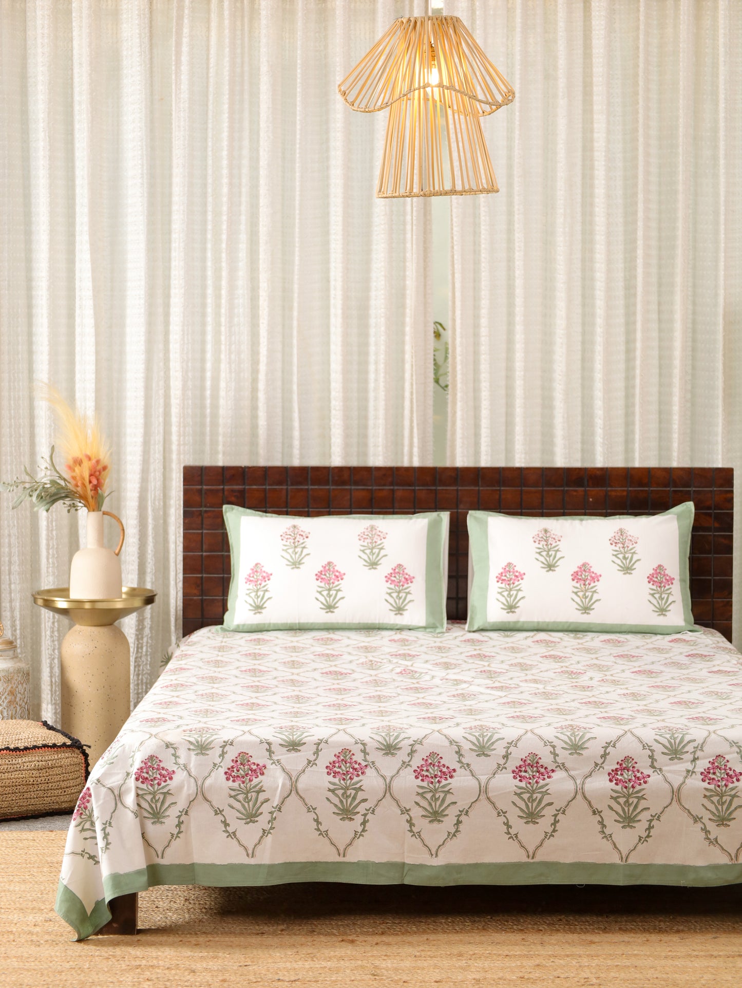 Garden Bloom Hand Block Printed King Size Bedsheet