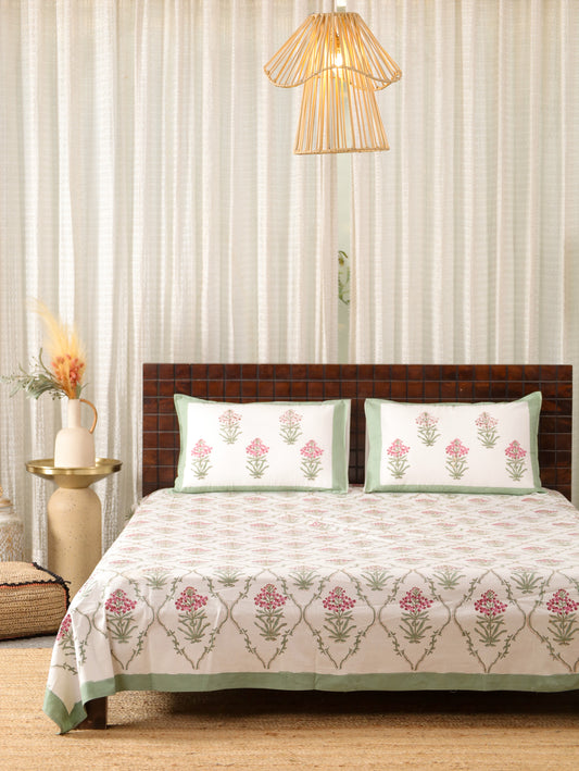 Garden Bloom Hand Block Printed King Size Bedsheet