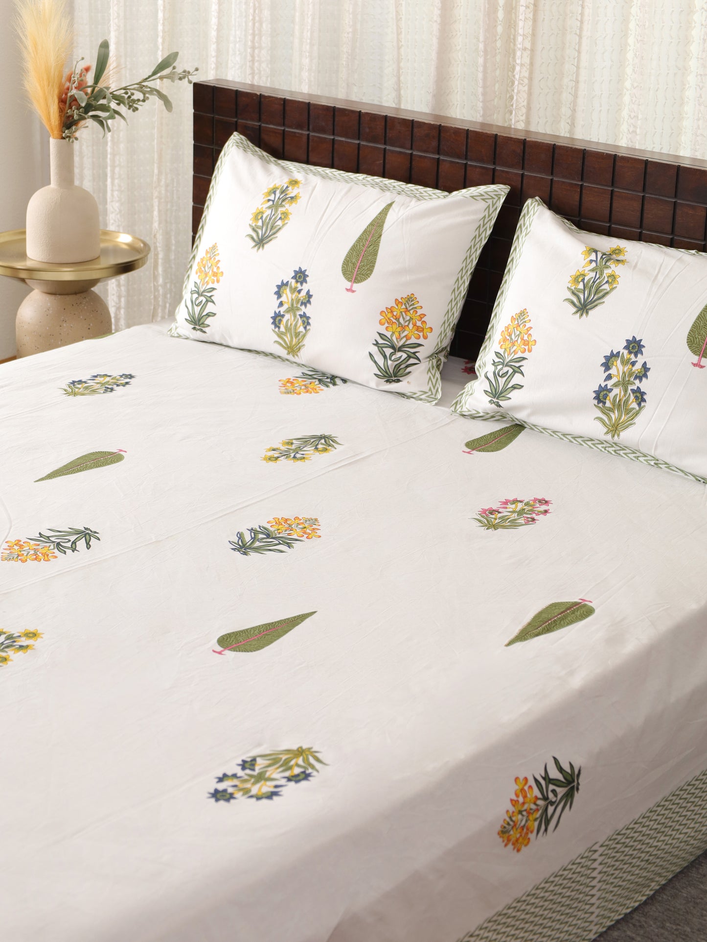 Yellow Whispers Hand Block Printed Queen Size Bedsheet
