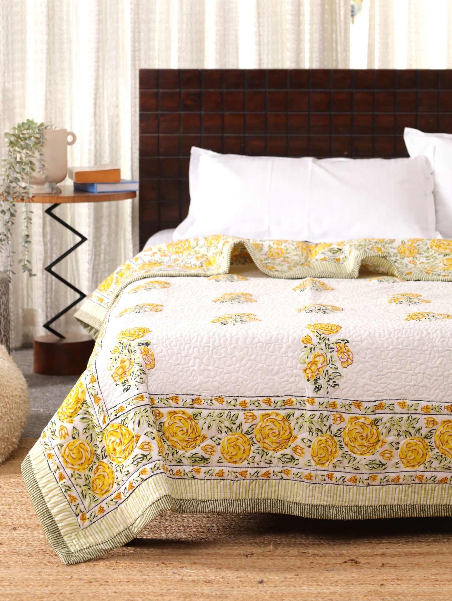 Yellow Blossom Hand Block Print Cotton AC Comforter