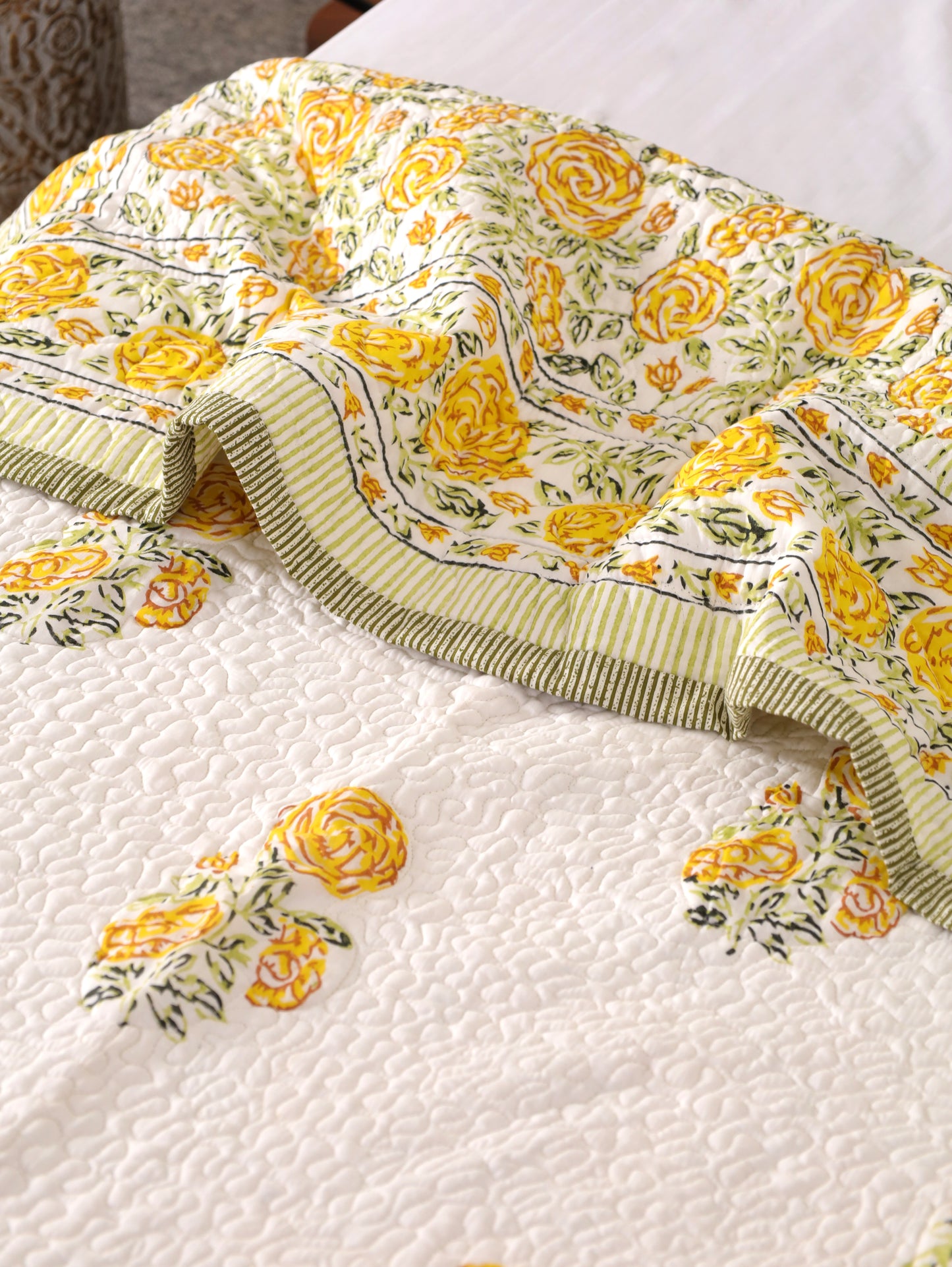 Yellow Blossom Hand Block Print Cotton AC Comforter