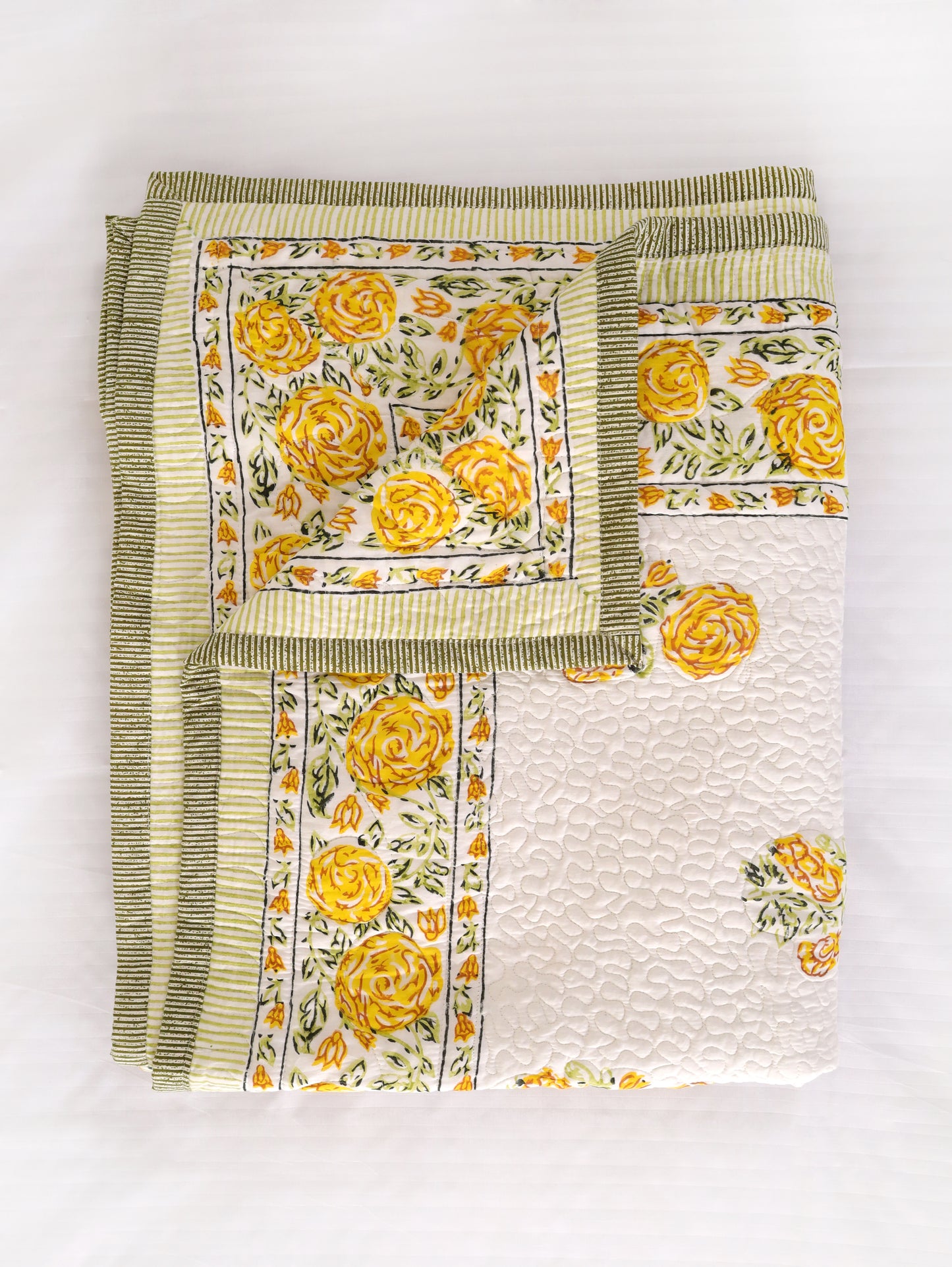 Yellow Blossom Hand Block Print Cotton AC Comforter