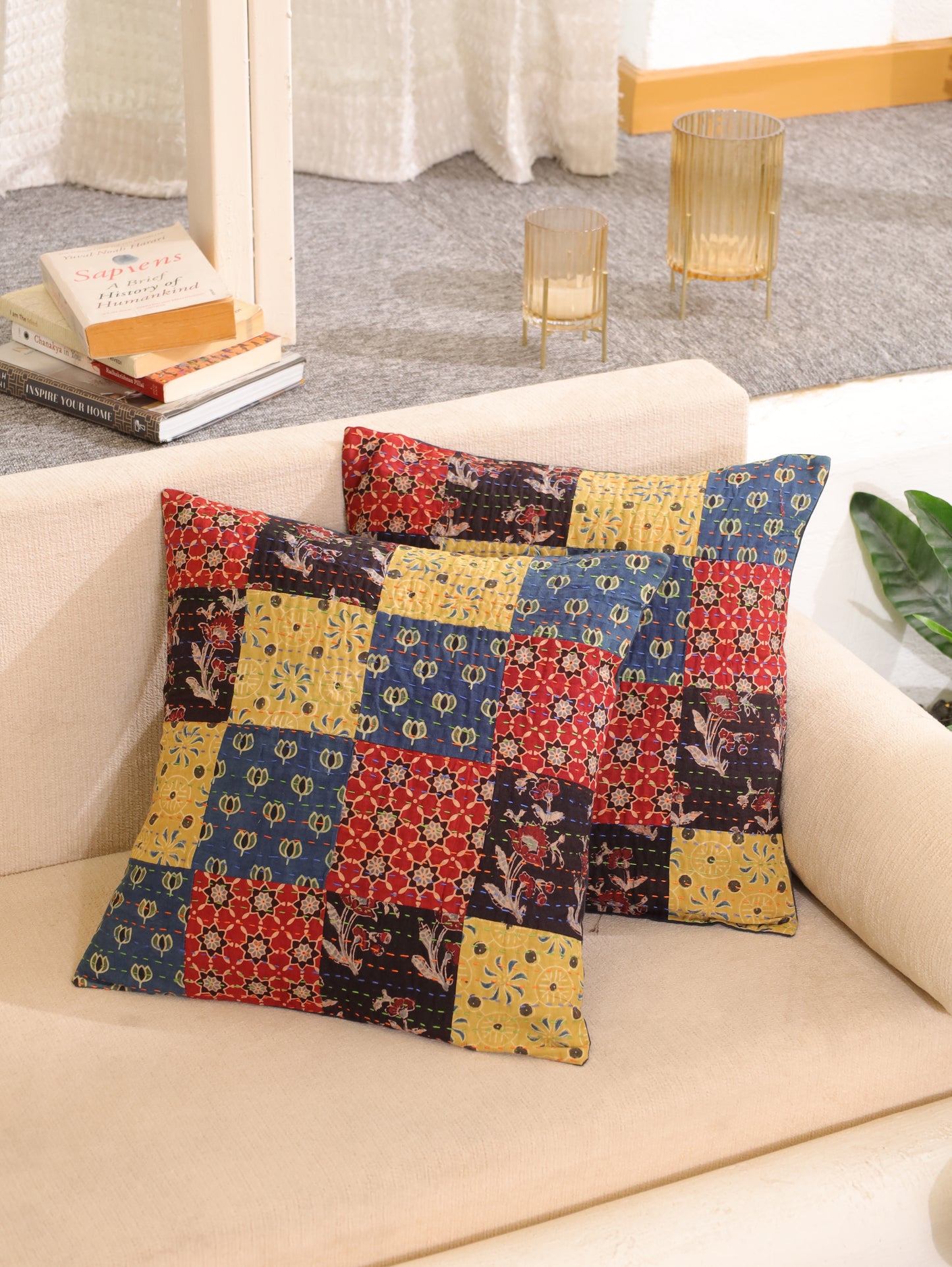 Heritage Squares Kantha & Block Print Cotton Cushion Cover - Set of 2
