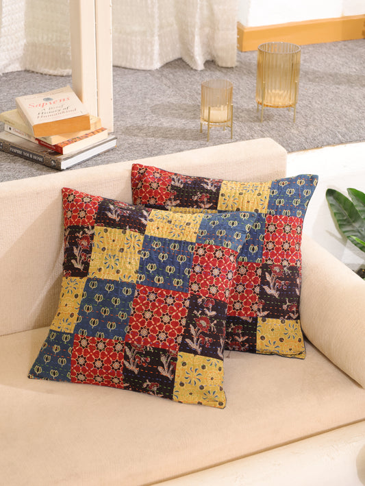 Heritage Squares Kantha & Block Print Cotton Cushion Cover - Set of 2