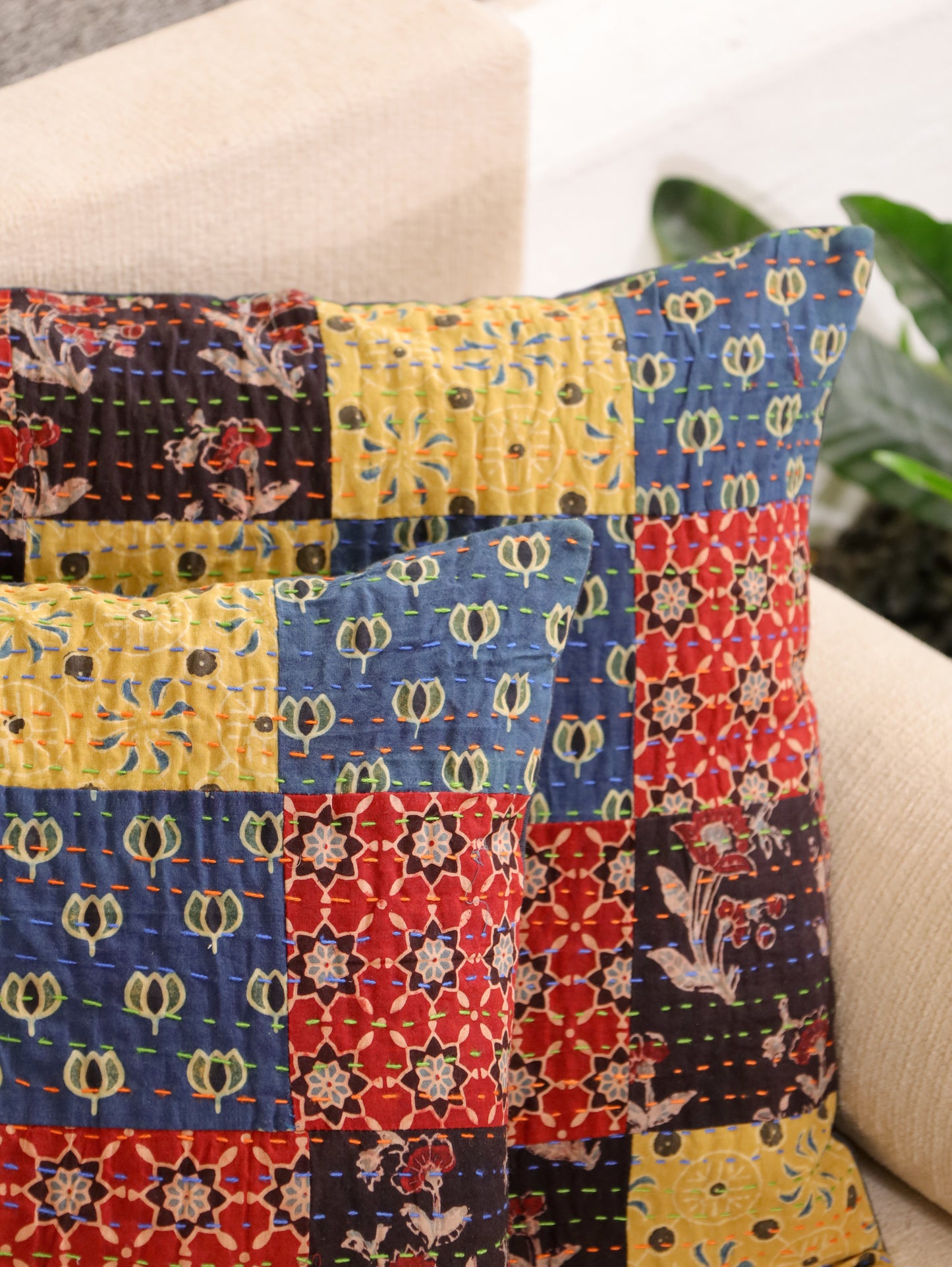 Heritage Squares Kantha & Block Print Cotton Cushion Cover - Set of 2