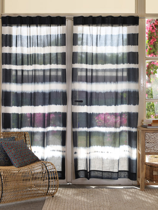 Inky Streak Hand Dyed Shibori Cotton Curtains - Set of 2