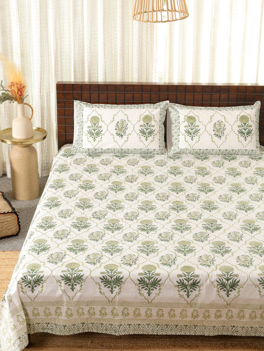Panna Patta Hand Block Printed King Size Bedsheet
