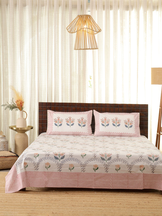 Gulmohar Baagh Hand Block Printed Queen Size Bedsheet