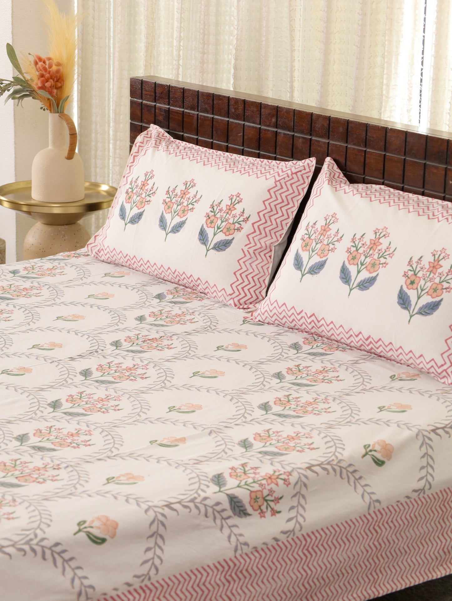 Gulmohar Baagh Hand Block Printed Queen Size Bedsheet