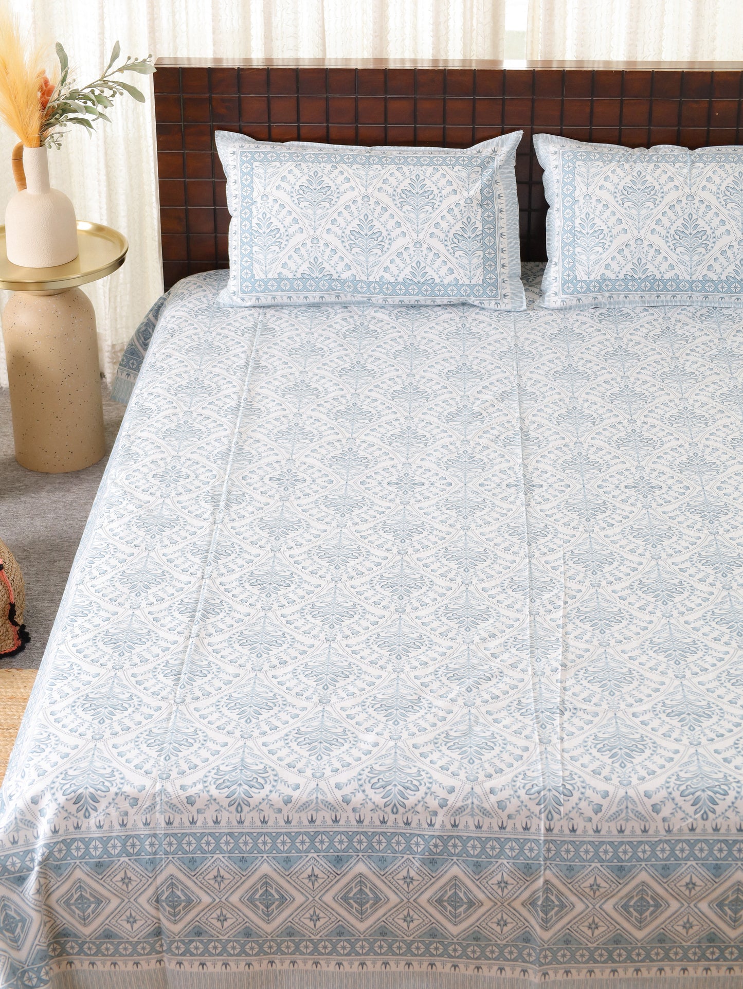 Grey Jharokha Hand Block Printed Queen Size Bedsheet