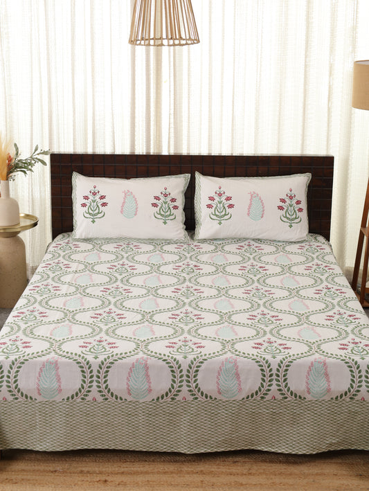 Chandni Phool Hand Block Printed Queen Size Bedsheet