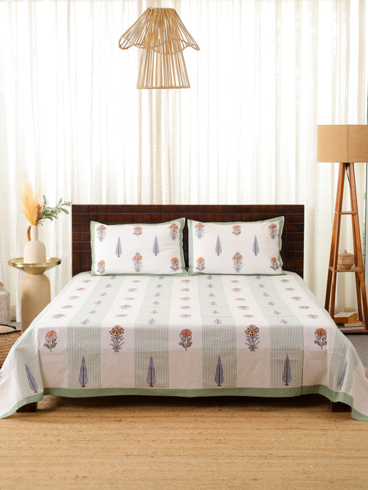 Gulabi Patti Hand Block Printed Queen Size Bedsheet