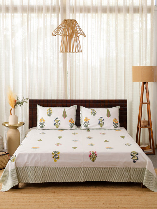 Yellow Whispers Hand Block Printed Queen Size Bedsheet