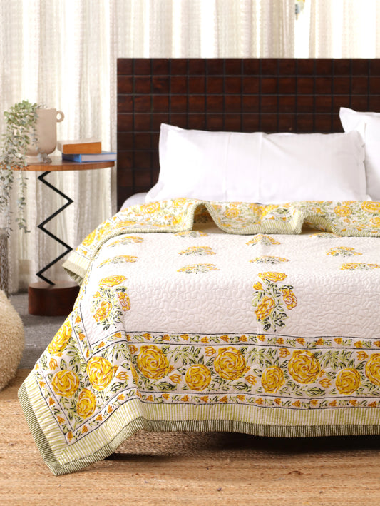 Yellow Blossom Hand Block Print Cotton AC Comforter