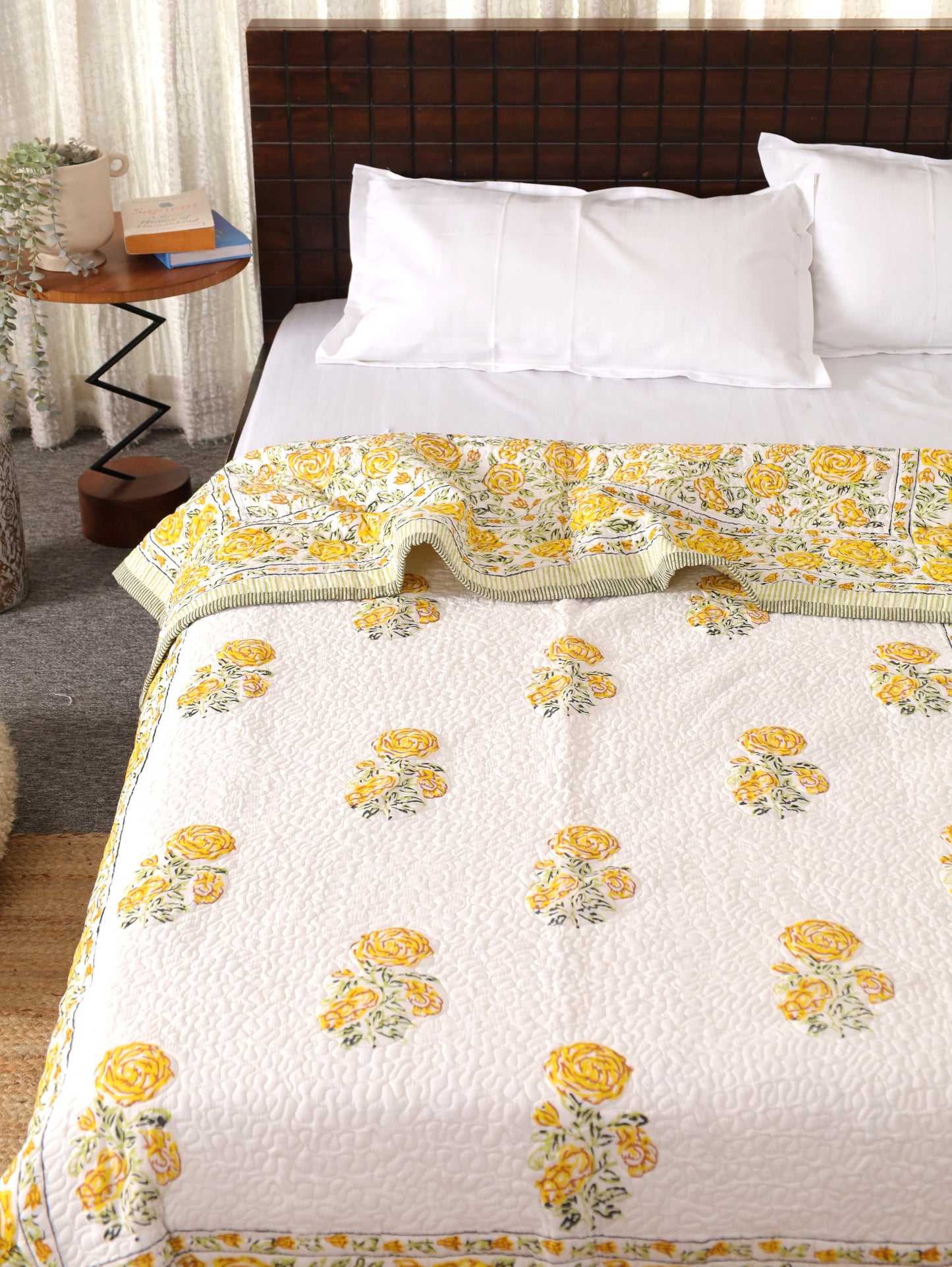Yellow Blossom Hand Block Print Cotton AC Comforter